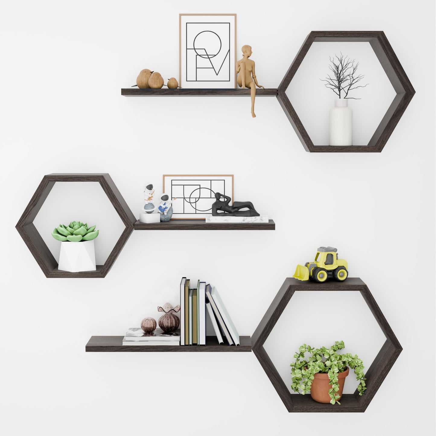 Decovate Hexagon Floating Shelves Set of 6 Honeycomb Shelves for Wall, Wooden Hexagon Shelves for Farmhouse Storage (Rustic Brown)