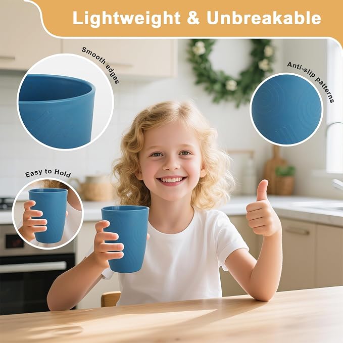 Premium Wheat Straw Cups Set of 6, Drinking Glasses 12 OZ, Alternative to Plastic Cups Reusable, Unbreakable Water Cup, Microwave and Dishwasher Safe Drinking Cups for Kitchen - Blue