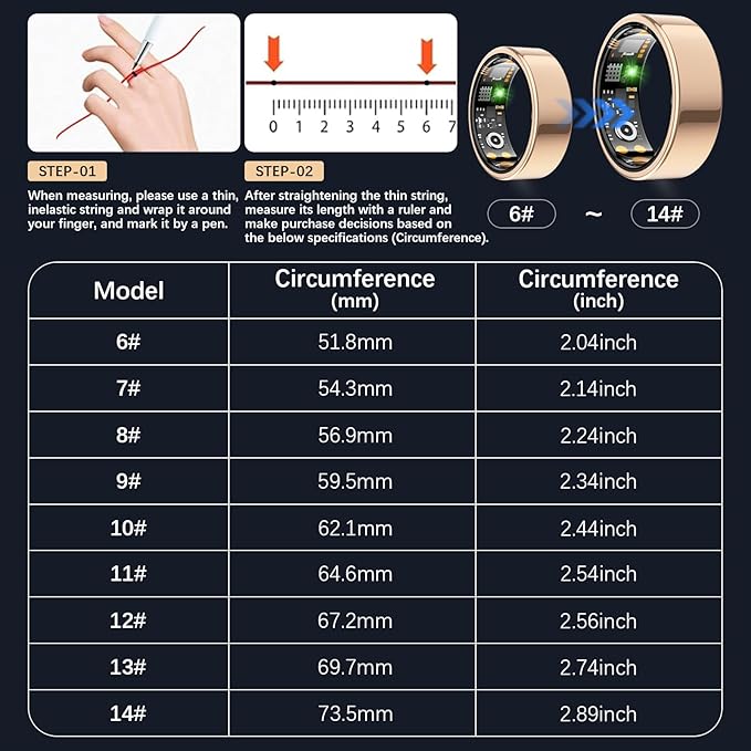 Ring Health Tracker for Women Men, Fit Ring with Heart Rate, Blood Oxygen, Sleep Monitor, Calories, Step Counter, IP68 Waterproof Smart Ring for iPhone & Android, No Subscription Fee (Rose Gold, 12#)