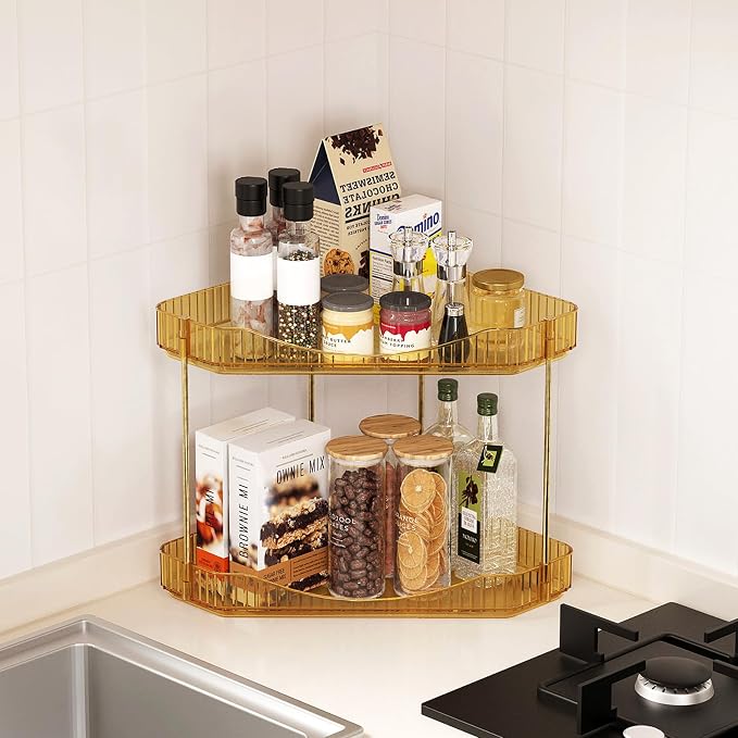 Lifewit 2-Tier Corner Bathroom Counter Organizer, Plastic Makeup Skincare Organizers Storage Countertop, Large Sink Cosmetic Perfume Shelf for Bedroom, Dresser, Kitchen, Vanity, Gold, 25 cm/10inch(H)
