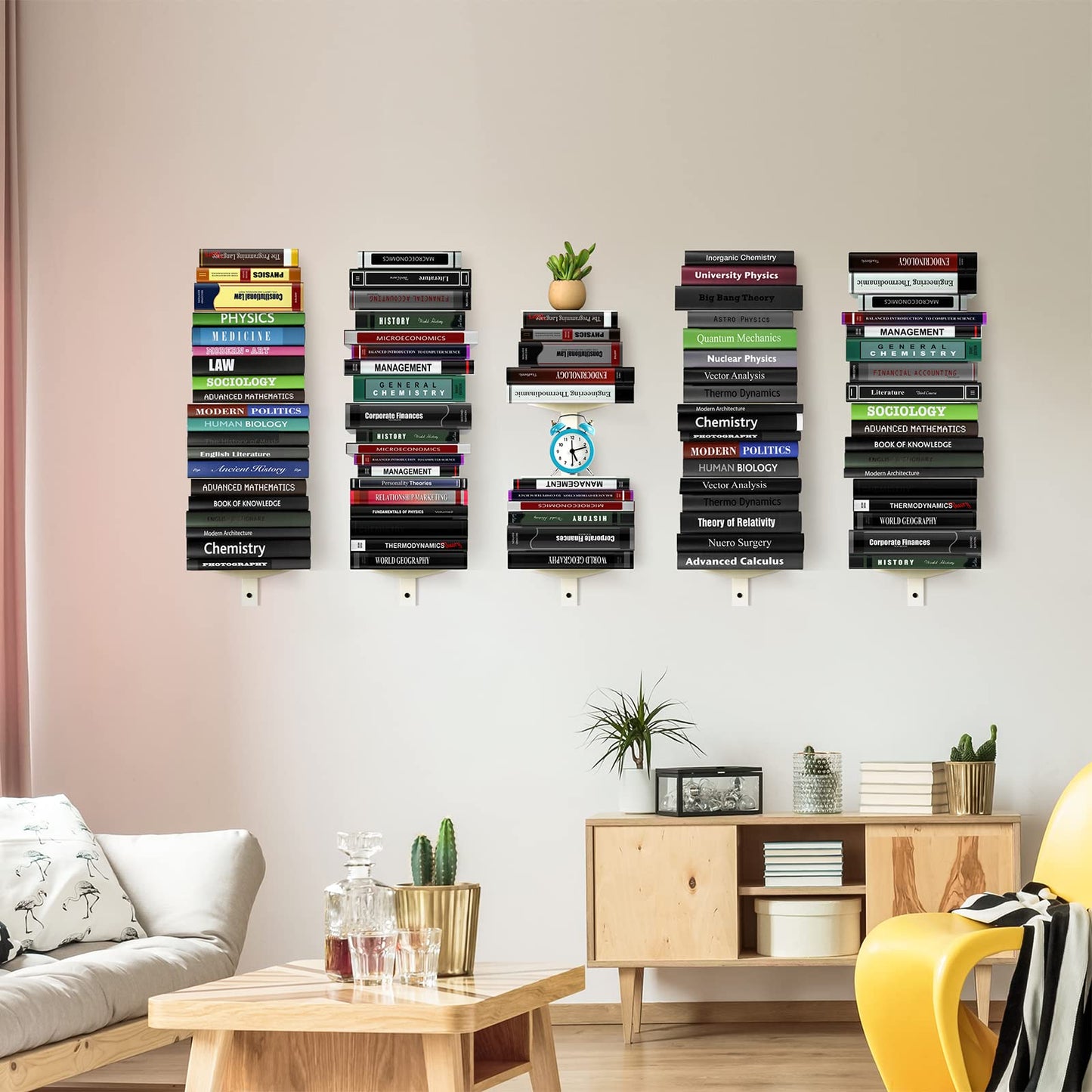 ART-GIFTREE Floating Book Shelves for Wall, 4 Tier Invisible Floating Bookshelf, Vertical Spine Book Tower, Wall Mounted & Space Saving, Heavy Duty Metal Book Organizer for Home Office, 2 Pack White