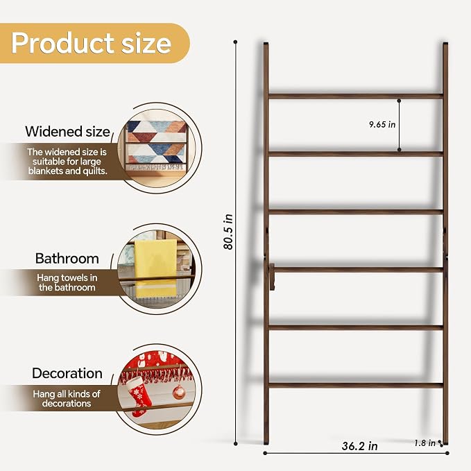 Delywh 6-Tier Wide Double Blanket Ladder Wood, Rustic Decorative Towel Rack for Big Blanket, Towel, Quilt, Clothes, Freestanding Blanket Holder Towel Ladder Decor Stand for Living Room, Bedroom, Brown