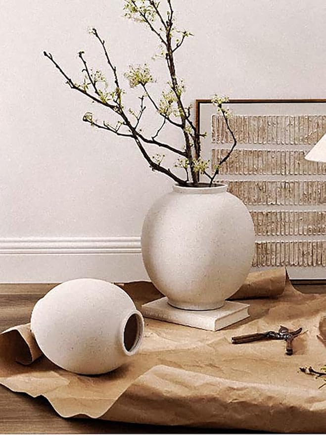 White Ceramic Vase - Large 13.5 Inch Round Floor Vase for Centerpieces, Farmhouse Flower Vases, Rustic Minimalist Home Decor (Sandstone White)