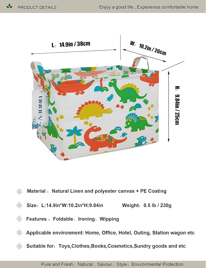 Rectangular Folding Laundry Basket, waterproof Canvas Basket,gift basket,Suitable for children's room,Office,Clothes,Toys Storage（Dinosaur Paradise）