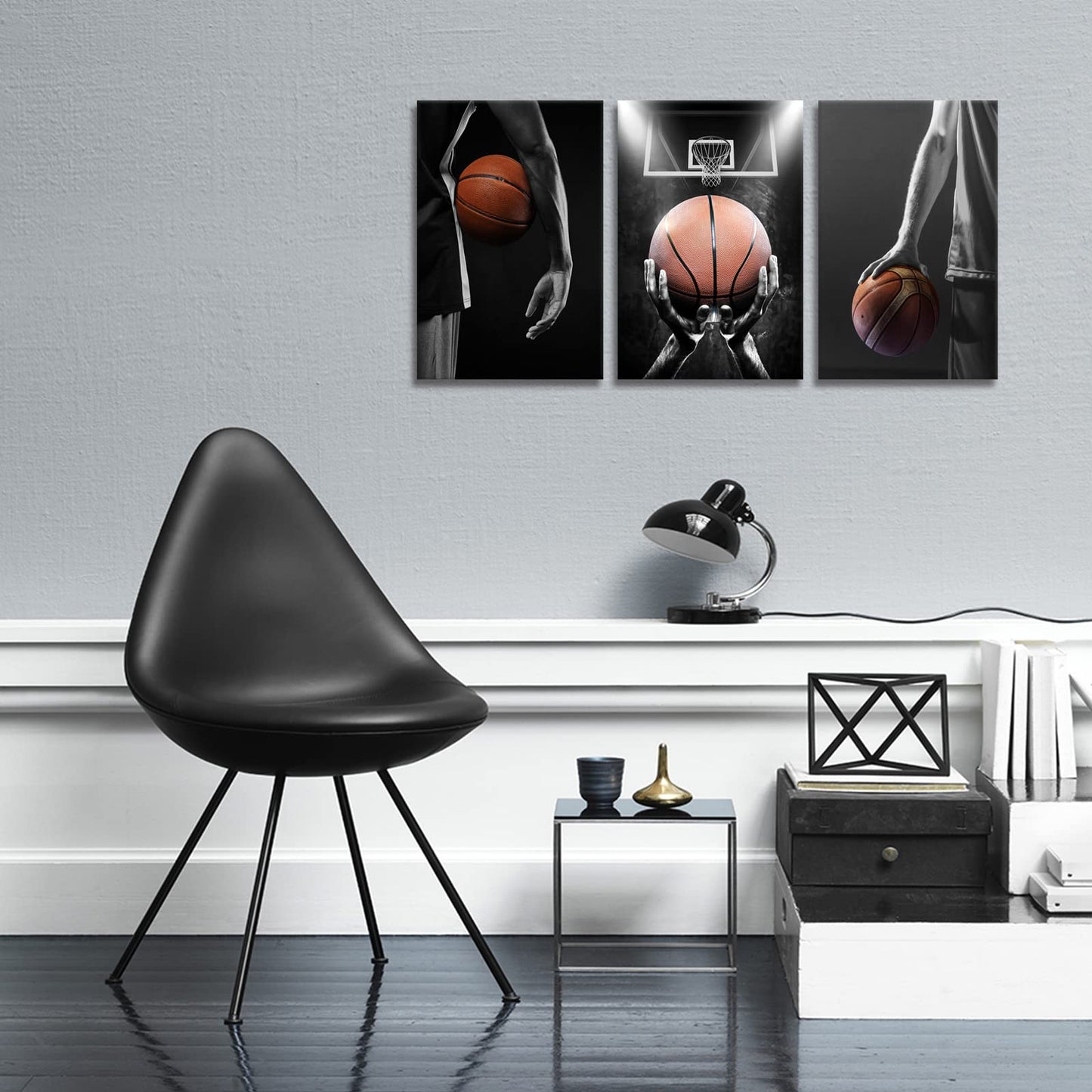 KAWAHONE 3 Pieces Basketball Art Prints-Black and White Basketball Sports Canvas Wall Art-Basketball Hoop Sport Decor for Bedroom Gym, Perfect Boys Gift