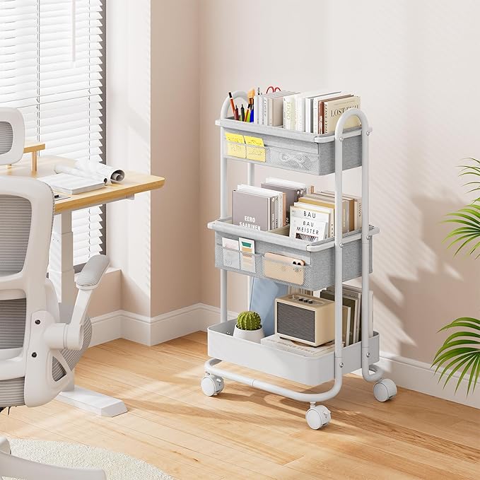 Modanais Baby Diaper Caddy Organizer Cart - 3 Tier Rolling Storage Cart with Wheels, Baby Essentials for Nursery Storage, Detachable Dividers - for Crib, Bedroom, Art & Craft Organizer (Light Gray)