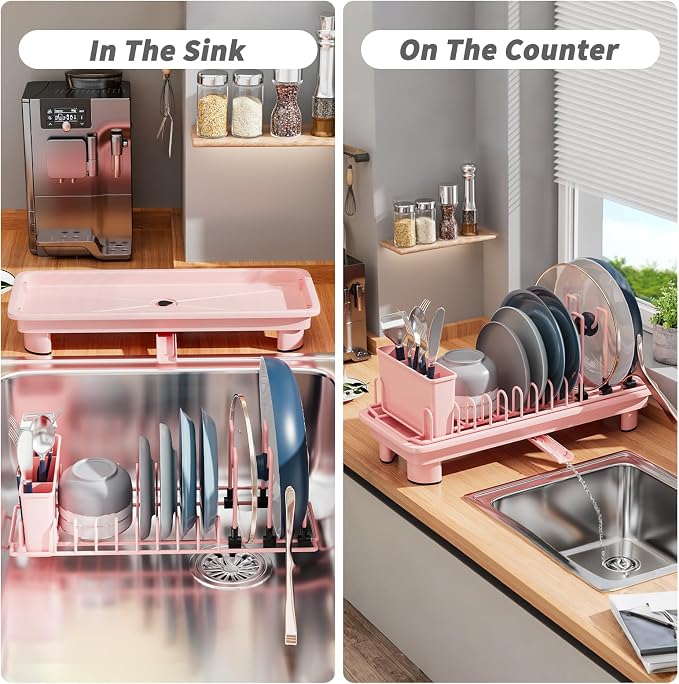 SanDream Small Dish Drying Rack with Removable Utensil Holder & Anti-Scratch Base - Stainless Steel Dish Rack, Dish Drying Rack with Drainage & Space Saving Design for Kitchen Counter, Pink