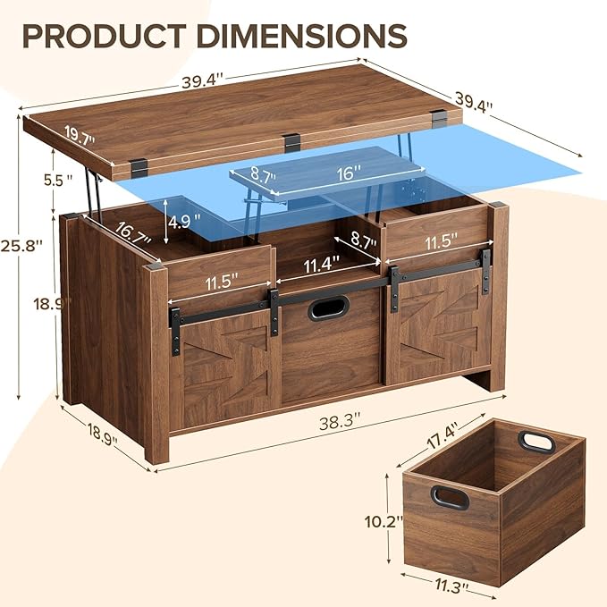 Memobarco 40" Farmhouse Lift Top Coffee Table with Sliding Barn Door,4 in 1 Multi-Function Coffee Tables with Storage Drawers & Hidden Compartment,Converts to Dining Table for Living Room,Walnut