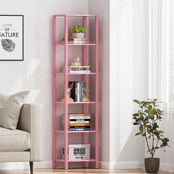 TUTOTAK Bookshelf, 6-Tier Tall Book Shelf, Narrow Bookcase for Small Space, DIY Stackable Bookshelf, for Living Room, Office, Study, Entryway, Industrial, Pink BS01BP006