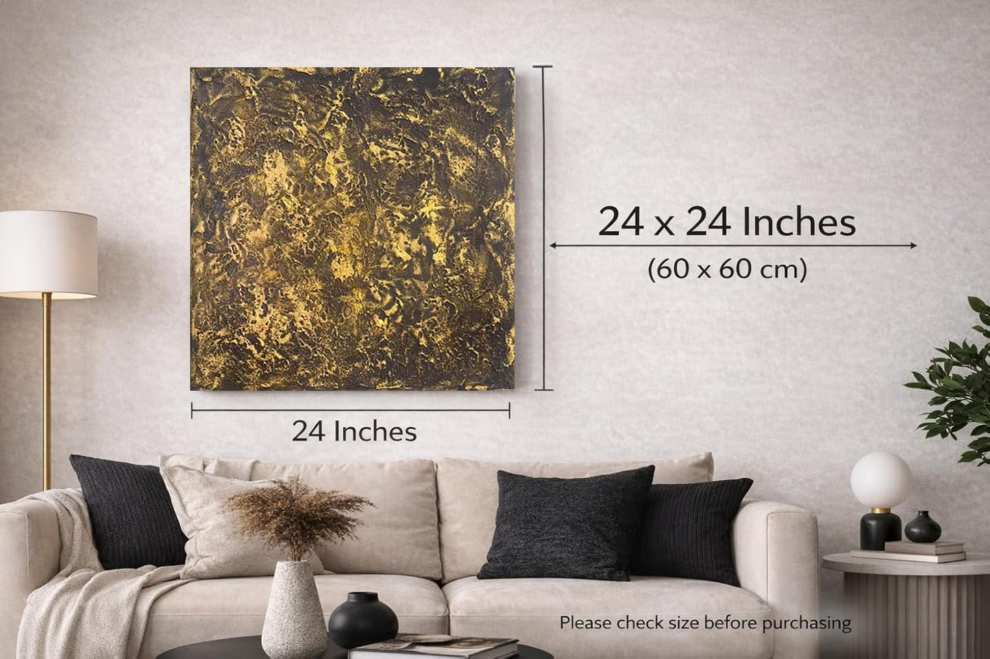 Rinsiken Hand Painted Black and Gold Abstract Wall Art 24x24 Inch Cotton Canvas Painting Ready to Hang Modern Decor for Living Room Office