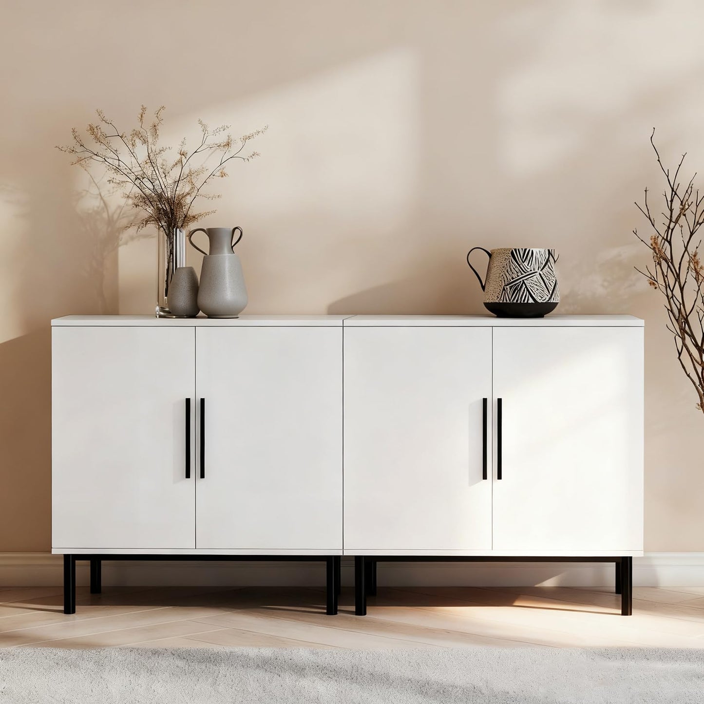 COMHOMA Sideboard Buffet Cabinet with Storage, Modern Wood Versatile Coffee Bar Console Table for Living Room Kitchen, Dining Room, Hallway，White-2 Pack