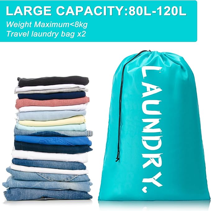 2 Pack 28" x 40"Travel Laundry Bag, Machine Washable Dirty Clothes Organizer with Drawstring,Large Enough to Hold 4 Loads of Laundry, Easy Fit a Laundry Hamper or Basket Travel Essentials
