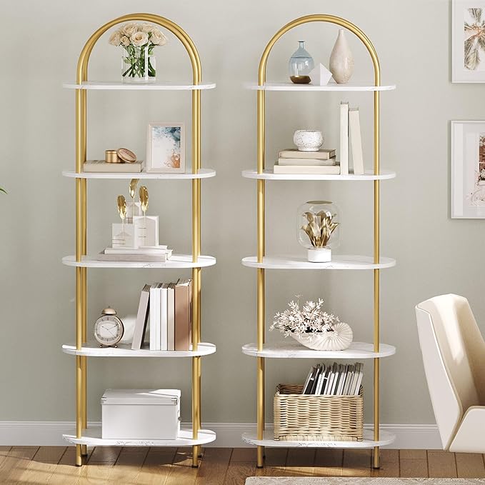 HOOBRO 5 Tier Open Bookshelf, Industrial Arched Bookcase Display Shelf Rack, Wooden Bookcase Storage Shelf Metal Frame, Tall Storage Organizer for Home, Easy Assembly, Gold DM176SJ01