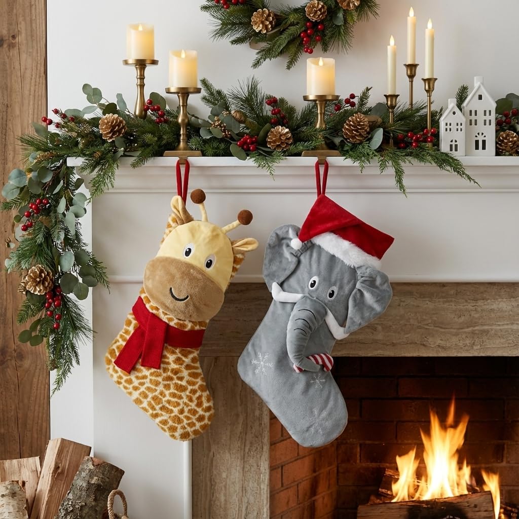 Valery Madelyn Christmas Stockings Decorations, 21 Inch Fabric Yellow Brown Giraffe Cute Plush Personalized Fireplace Hanging Ornament for Holiday Xmas Party Decor