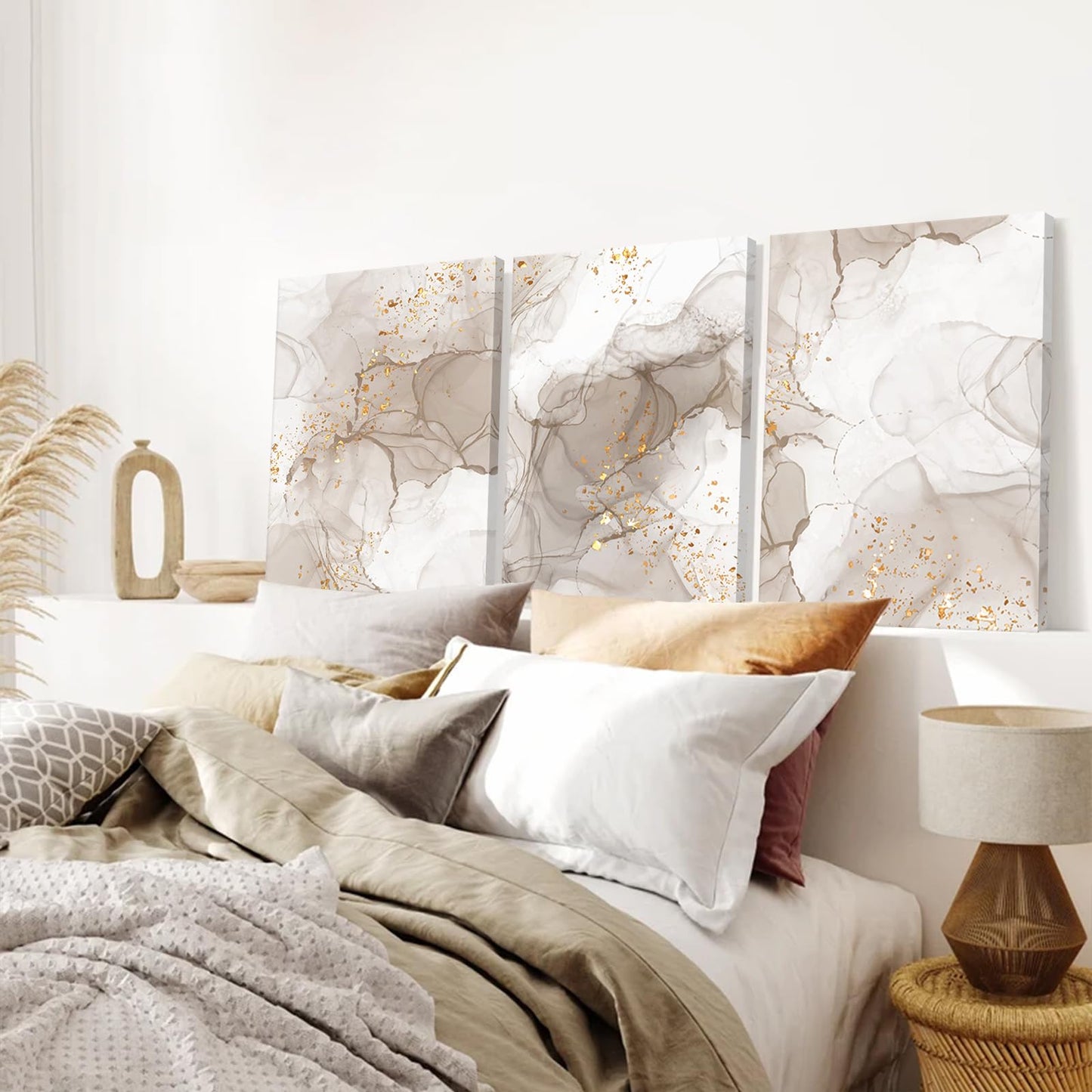 Beige Abstract Wall Art Set of 3,Beige Gold Boho Wall Decor Living Room,Netural Tones Mid Century Modern Framed Wall Art,Netural Boho Canvas Art Wall Decor Paintings for Bedroom Bathroom-12" x 16"