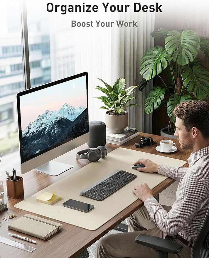 Aothia Faux Leather Desk Mat - Non-Slip PU Leather Desk Blotter, Waterproof Writing Surface, Large Desk Pad for Office & Home (Beige, 55" x 17")
