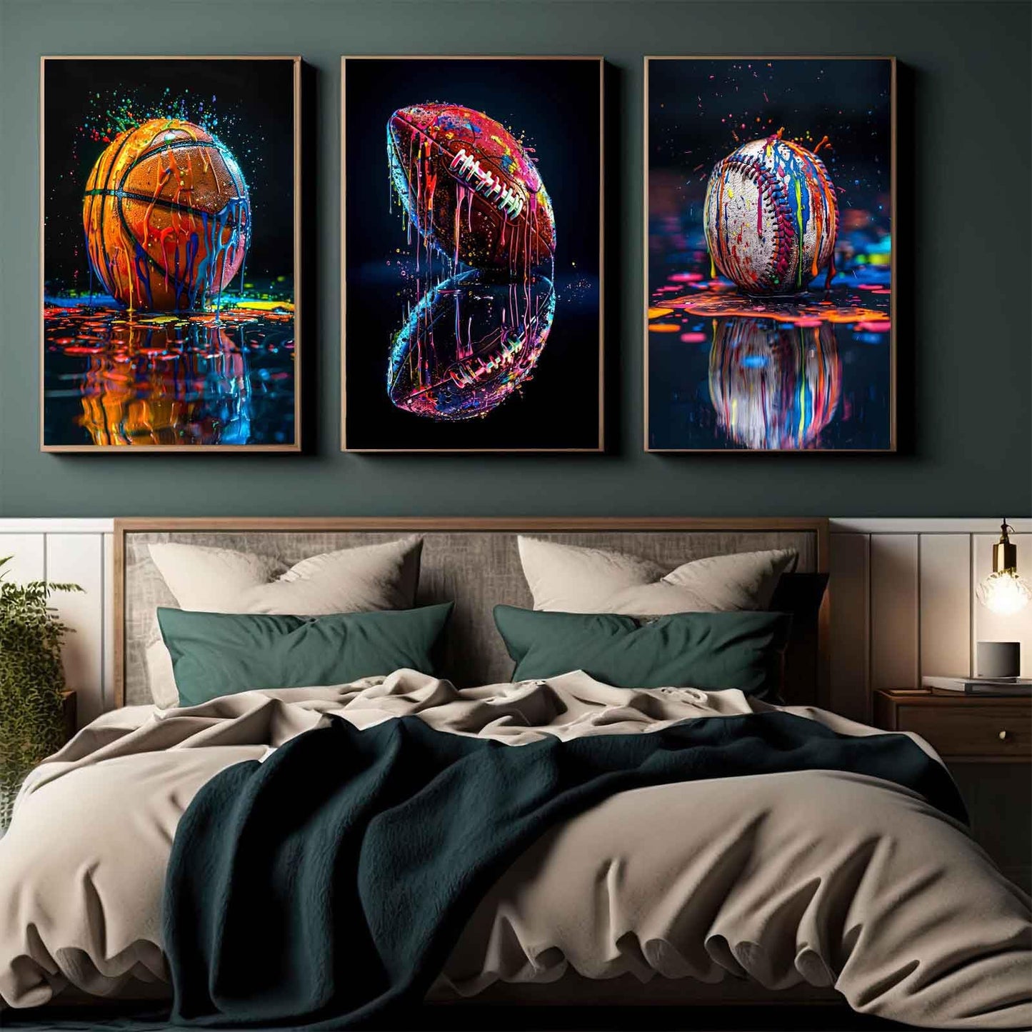 3Pcs Graffiti Sports Canvas Wall Art Boys Room Rustic Football Baseball Rugby Wall Decor Picture American Football Painting Posters Prints for Nursery Playroom Living Bedroom Decoration No Frames