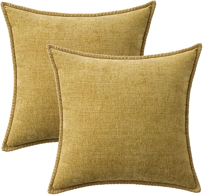 MIULEE Pack of 2 Couch Throw Pillow Covers 20x20 Inch Mustard Yellow Farmhouse Decorative Pillow Covers with Stitched Edge Soft Chenille Solid Dyed Pillow Covers for Sofa Bed Living Room