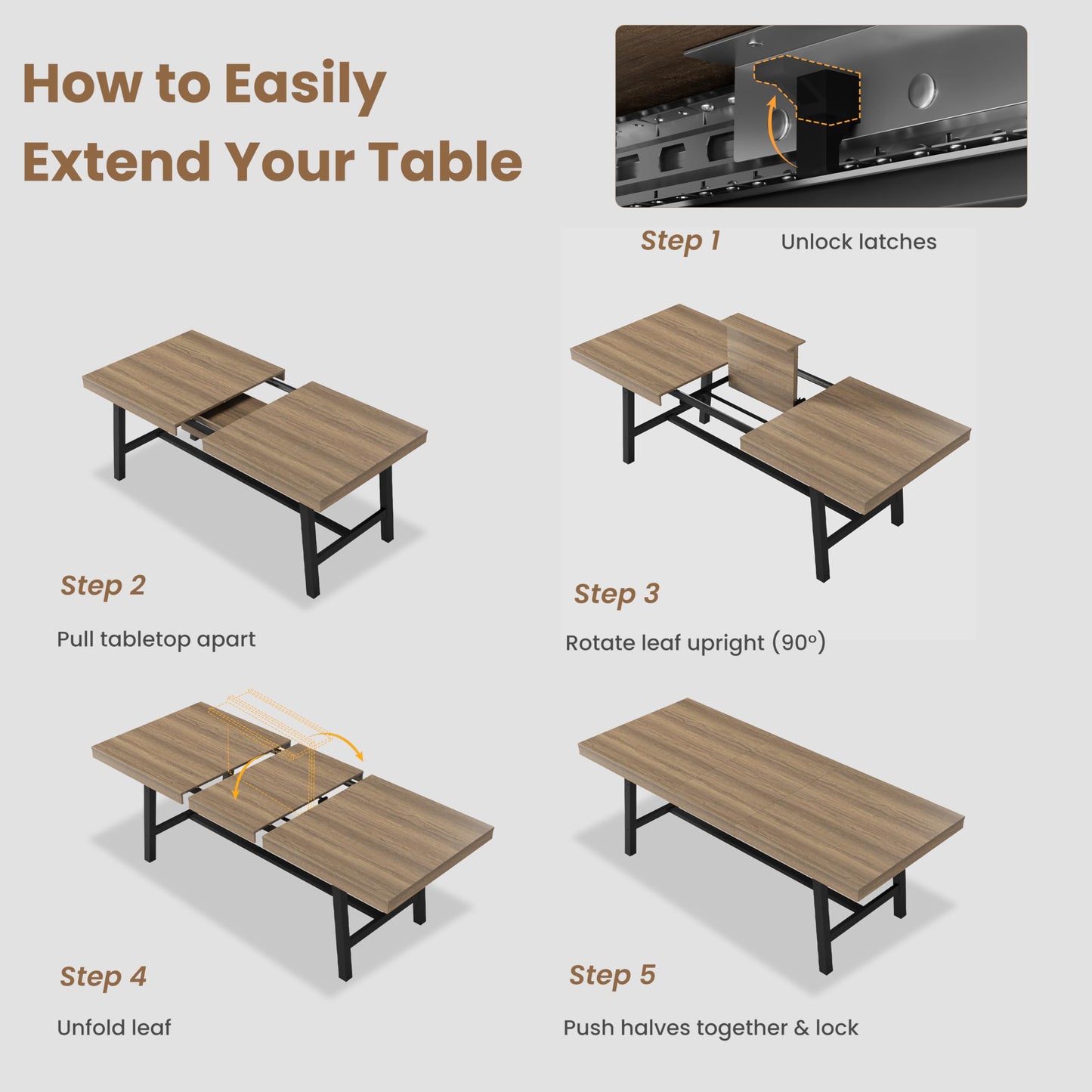 GarveeHome 63-83" Extendable Dining Table, Industrial Rectangular Dining Room Table for 6-8 People, Expandable Kitchen Table with Heavy Duty Metal Frame for Dining Room, Kitchen & Parties, Rustic Pear