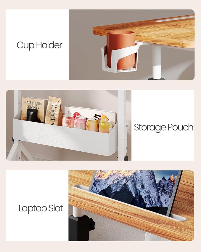 ErGear Mobile Standing Desk with Wheels, Adjustable Height 28.3″ to 46.1″, Rolling Laptop Cart with Cup Holder, Storage Basket, Computer & Pen Slot, Home Office Stand Up Desk, Light Vintage Brown