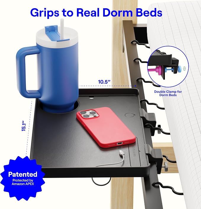 BedShelfie Bedside Shelf for Dorm Room Bunk Bed & Top Bunk, College Dorm Room Essentials, Bedside Caddy, Clip on Floating Tray, Bed Side Table Storage, Loft Nightstand - Dorm Essential 2.0, Black