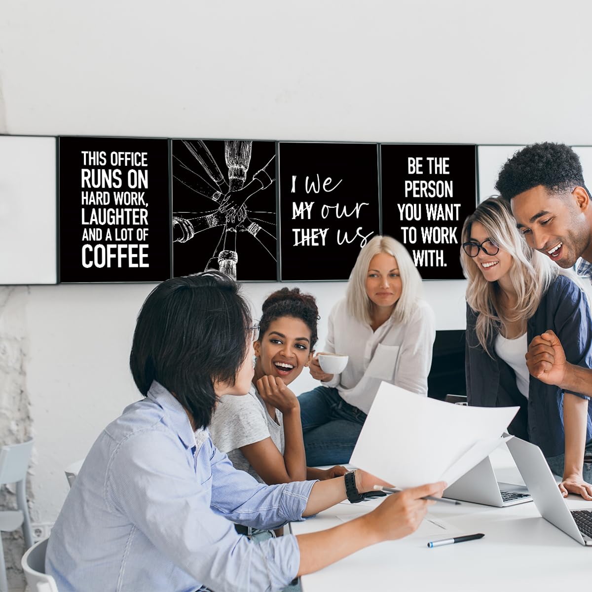 4 Pcs Inspirational Wall Art Team Office Prints Positive Teamwork Quote Wall Decor Paintings Posters for Office Home Bedroom Living Room, Motivational Gifts for Men, Coworker, Team Leader, Unframed