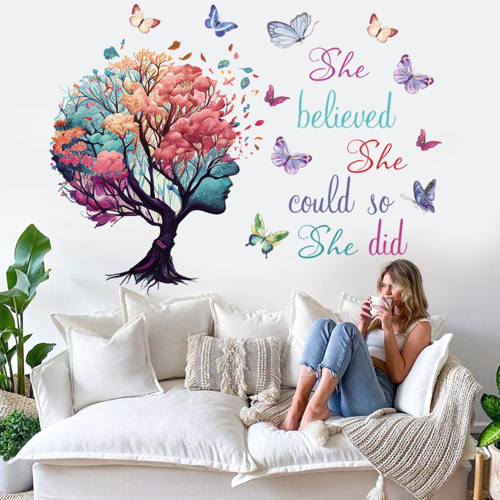 Inspirational Quotes Wall Art - 'She Believed She Could So She Did' Tree & Butterfly Decal Stickers for Women & Girls Bedroom & Living Room Decor