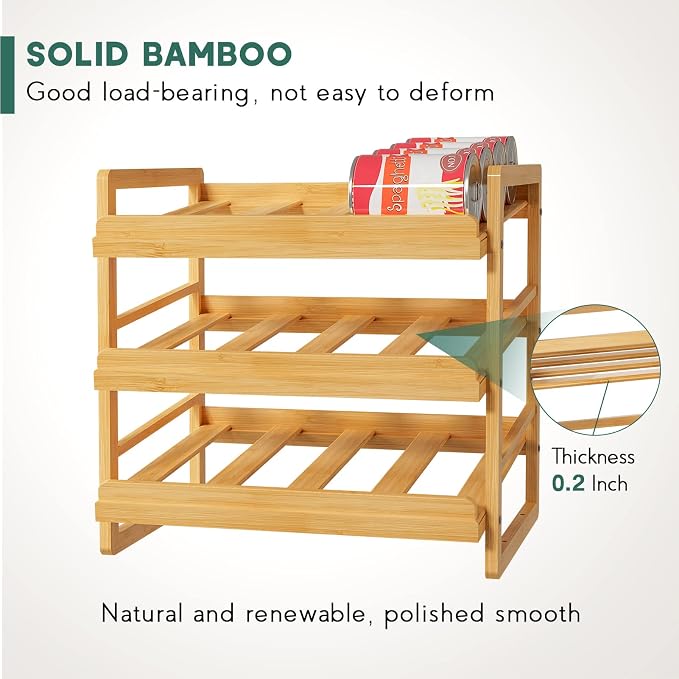 Yumkfoi Bamboo Can Organizer for Pantry, 3 Tier Stackable Can Storage Organizer Pantry with Label Sticker and Marker Pen, Can Holders for Cabinet and Can Rack Organizer (Natural Bamboo)