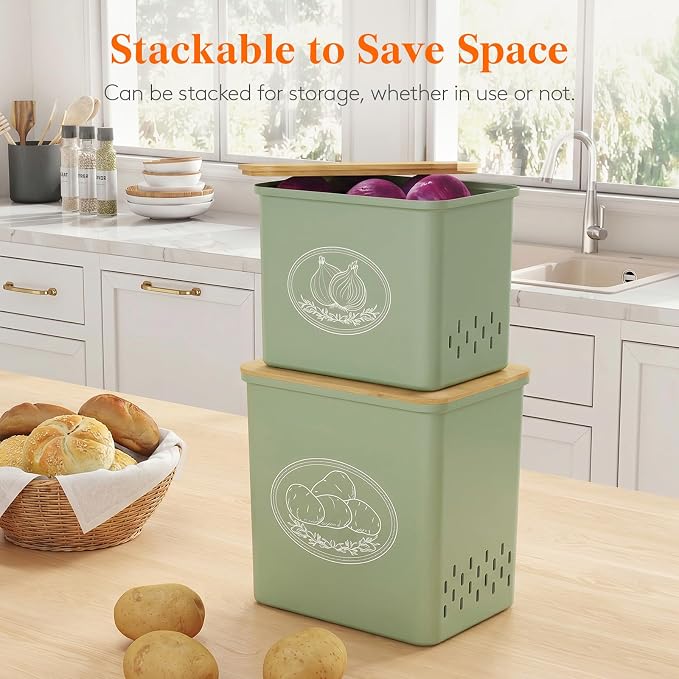 Lifewit Onion and Potato Storage Bin with Aerating Holes and Lid, Stackable Garlic Keeper, Plastic Vegetable Container Box for Kitchen, Green, Set of 2