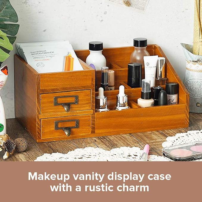 Wooden Farmhouse Makeup Vanity Tray - Rustic Skincare & Perfume Organizer - Bathroom Countertop Storage Box