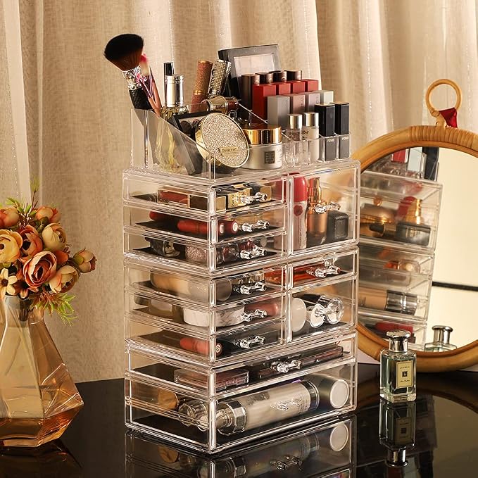 Cq acrylic Clear Makeup Storage Organizer Drawers Skin Care Large Cosmetic Display Cases Stackable Storage Box With 11 Drawers For Dresser 1 Pack