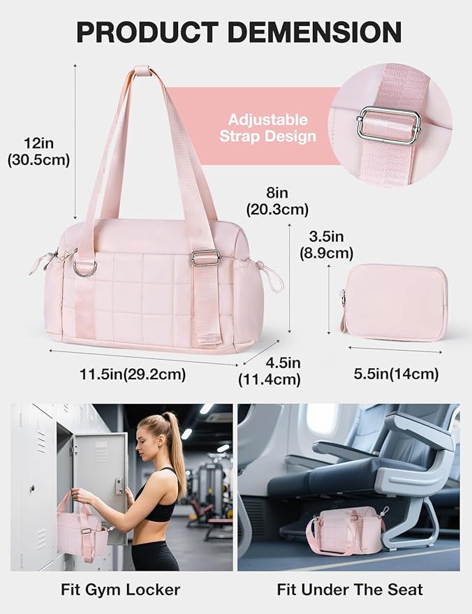 VUUDH Puffy Mini Gym Bag for Women, Carry On Multi-Pocket Water-Resistant Duffel, Lightweight Sports Bag for Fitness, Work, Travel, Daily Commute,Pink