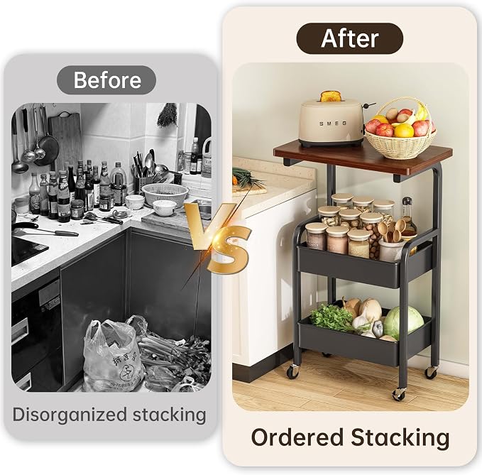 3 Tier Metal Rolling Utility Cart Organizer with Walnut Table Top, Stable and Sturdy Rolling Storage Carts with 2 Lockable Wheels for Kitchen，Bathroom，Snacks，Coffee，Craft，Makeup，Baby Essentials