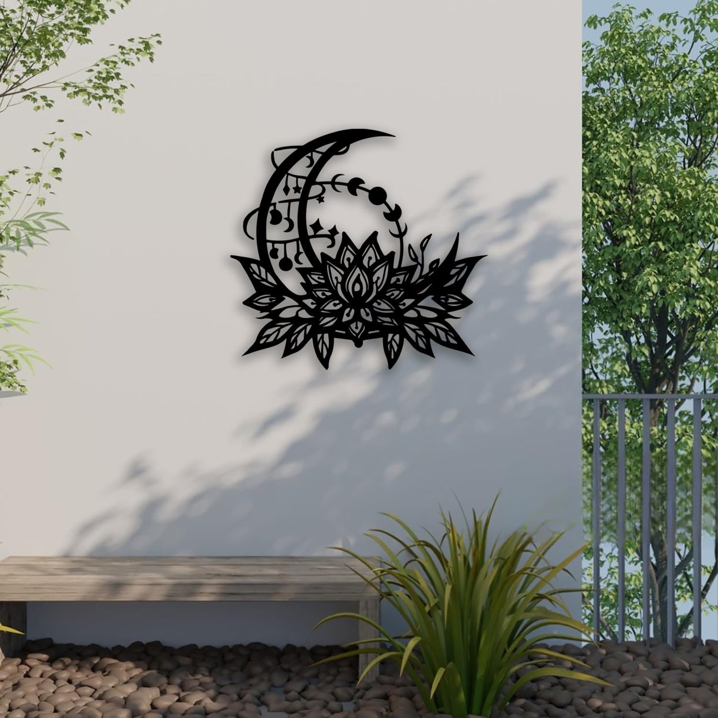 OPTYBVFD Moon Lotus Flower Metal Wall Decor - Moon Phase Room Decor Wall Art Home Decor for Living Room, Bedroom, Dining Room, Bathroom, Office (Black)