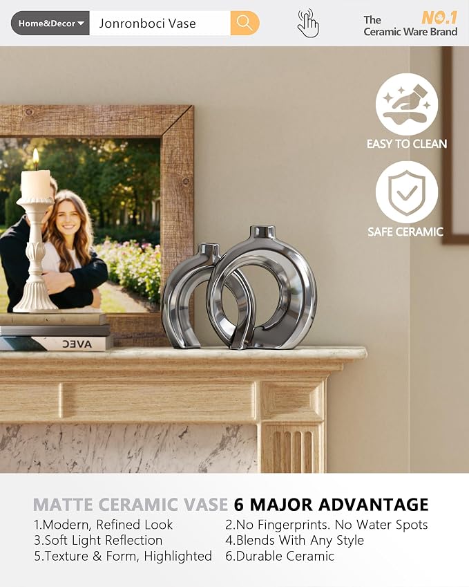 Set of 2 Silver Ceramic Vases for Home Decor Accents - Unique Hollow Donut Artistic Design Modern Contemporary Glam Style Decorative Vases for Shelf, Mantel, Entryway Table Decor (Matte Silver)