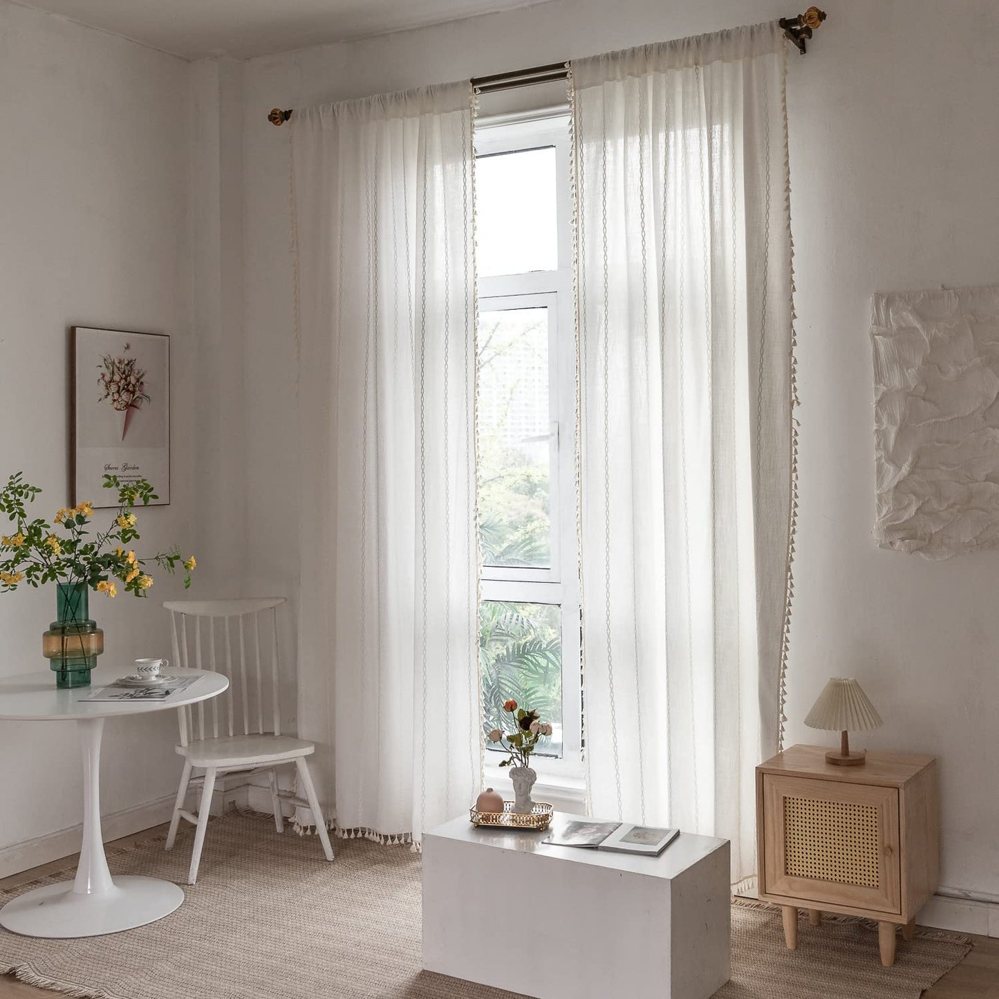 BCLBUSTE Boho Curtains - Embroidery Linen and Cotton 63 Inch Length 2 Pannels for Living Room, Cream Off White Light Filtering Farmhouse Curtains with Rod Pocket Draperies 52" W x 63" L
