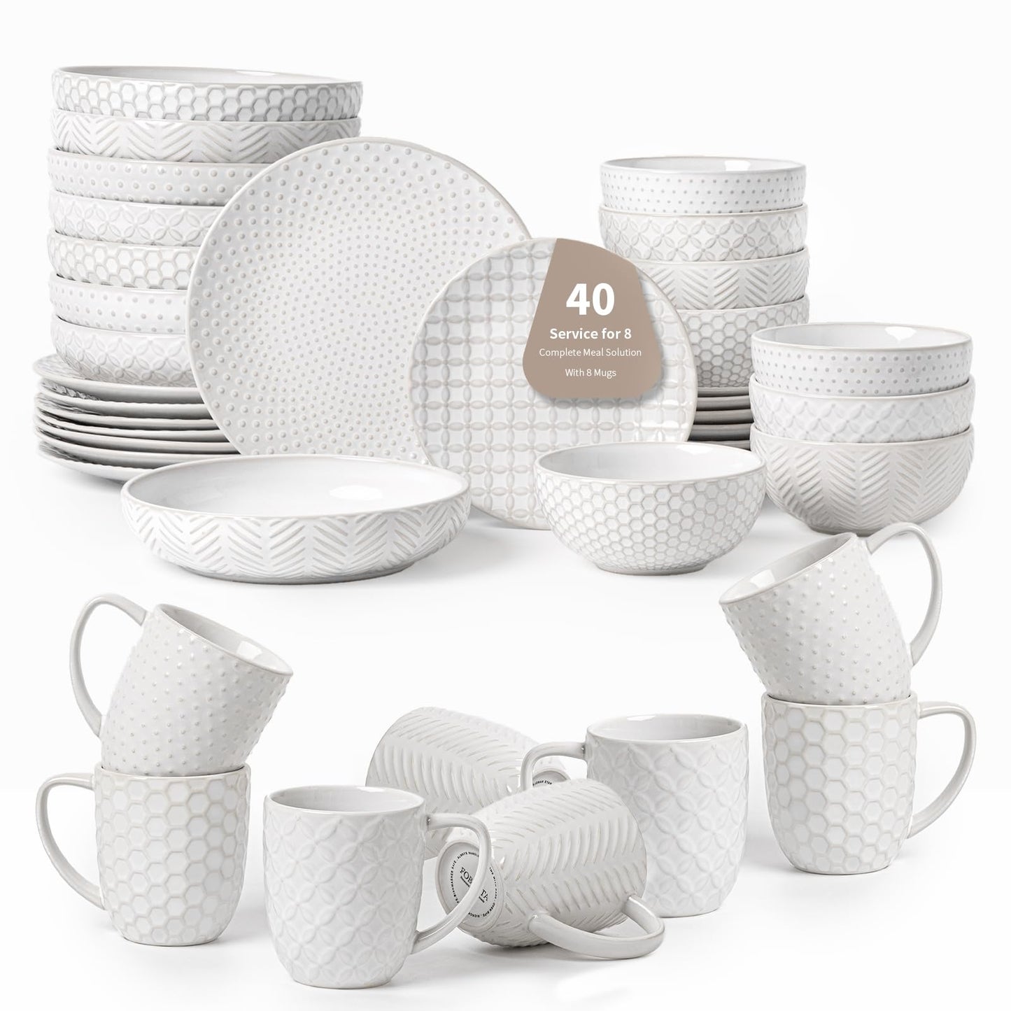 40-Piece Ceramic Dinnerware Set with Pasta Bowls & Mugs, Service for 8 – Complete Dining Set for Entertaining, Scratch-Resistant & Long-Lasting