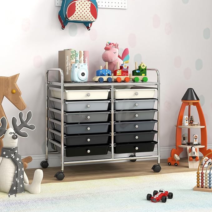 COSTWAY 12-Drawer Rolling Storage Cart, Utility Storage Organizer Cart for Tools, Scrapbook, Paper, Craft, Multipurpose Art Supply Organizer on Wheels for Home Office School, Teacher, Mixed Black