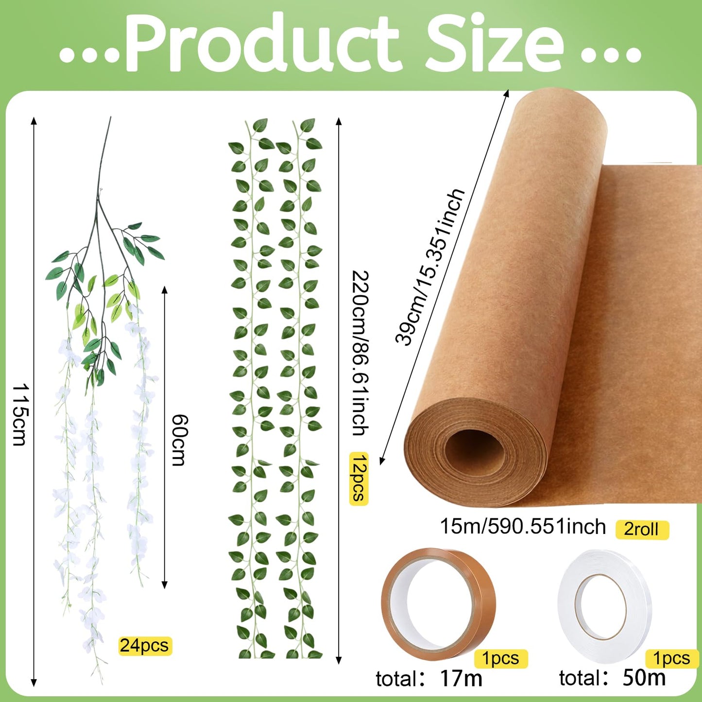 XunYee 3D Wisteria Tree Wall Decor for Room Classroom Ceiling Artificial Wisteria Hanging Flowers DIY Cardboard Paper Tree with Green Vine Kraft Paper Fairy Bulletin Board Decorations(White)