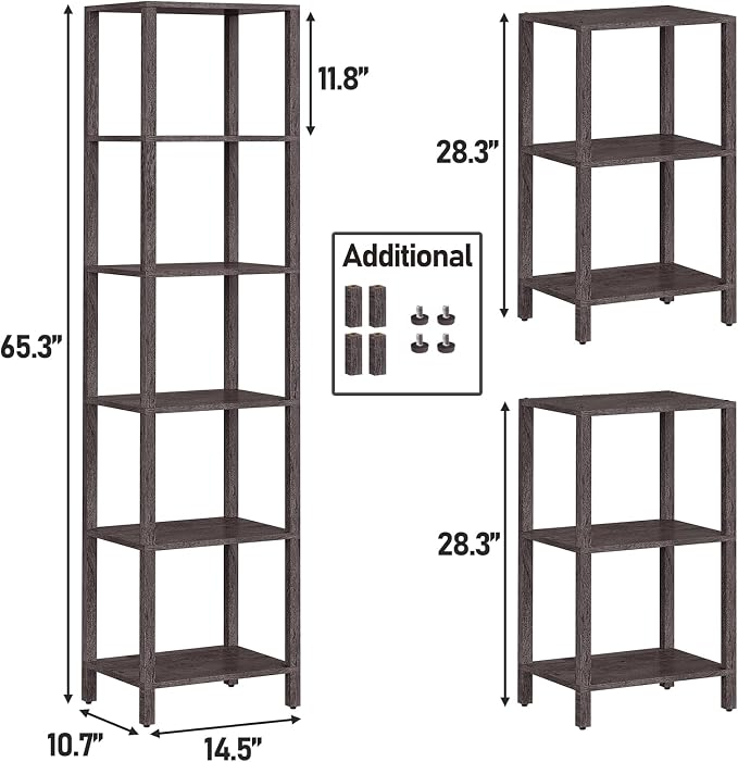 TUTOTAK Bookshelf, 6-Tier Tall Book Shelf, Narrow Bookcase for Small Space, DIY Stackable Bookshelf, for Living Room, Office, Study, Entryway, Industrial, Charcoal Grey BS01BY006