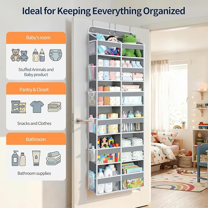 Yecaye Over The Door Organizer, 6 Tier Extra Large Behind Door Storage of 12 Compartments, 80lbs Heavy Duty Door Organizer Hanging with Clear Window for Closet Bedroom Pantry Bathroom, Grey