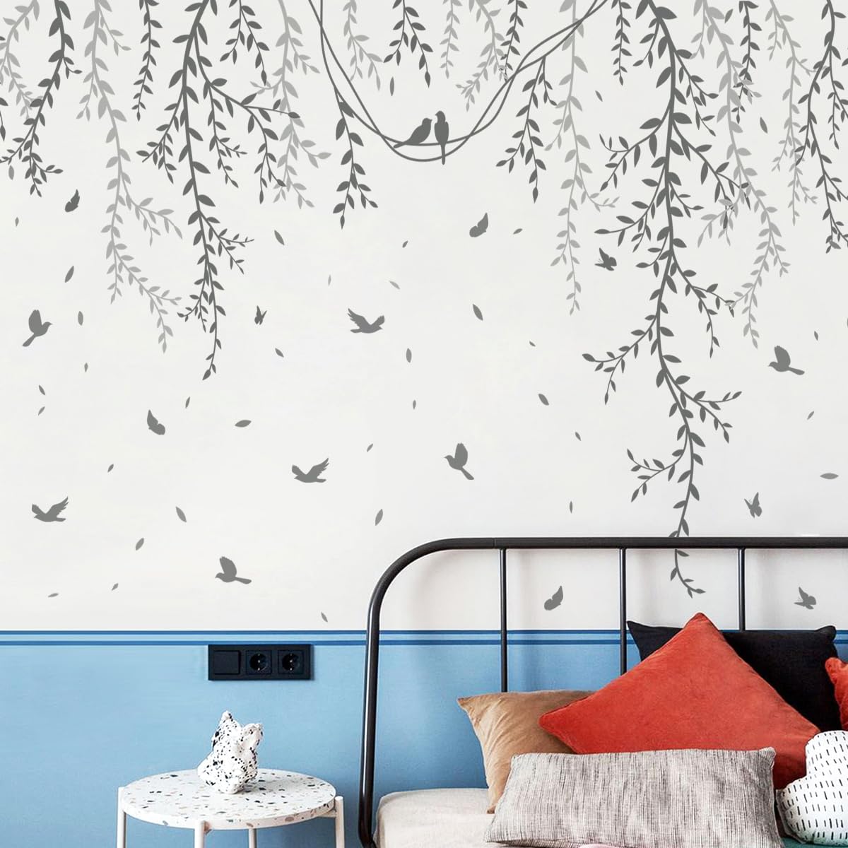 DRWSSR 3D Removable Grey Vines Wall Stickers - Peel & Stick DIY Wall Decals with Flying Birds, Waterproof PVC Wall Decor for Kids Room, Bedroom, Living Room, Office (30x45cm x6, 89x164cm Coverage)