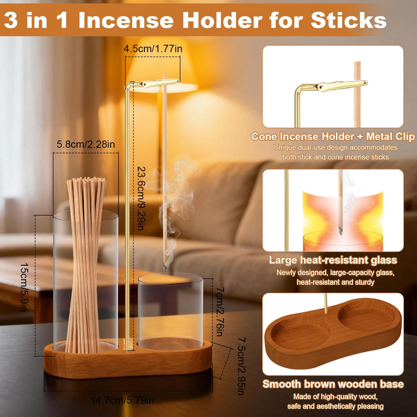 Glass Incense Holder, 3 in 1 Incense Sticks Burner Holder with Storage, Hang Upside Down Incense Holder for Sticks with Glass Ash Catcher for HolderBedroom House Yoga Meditation Zen