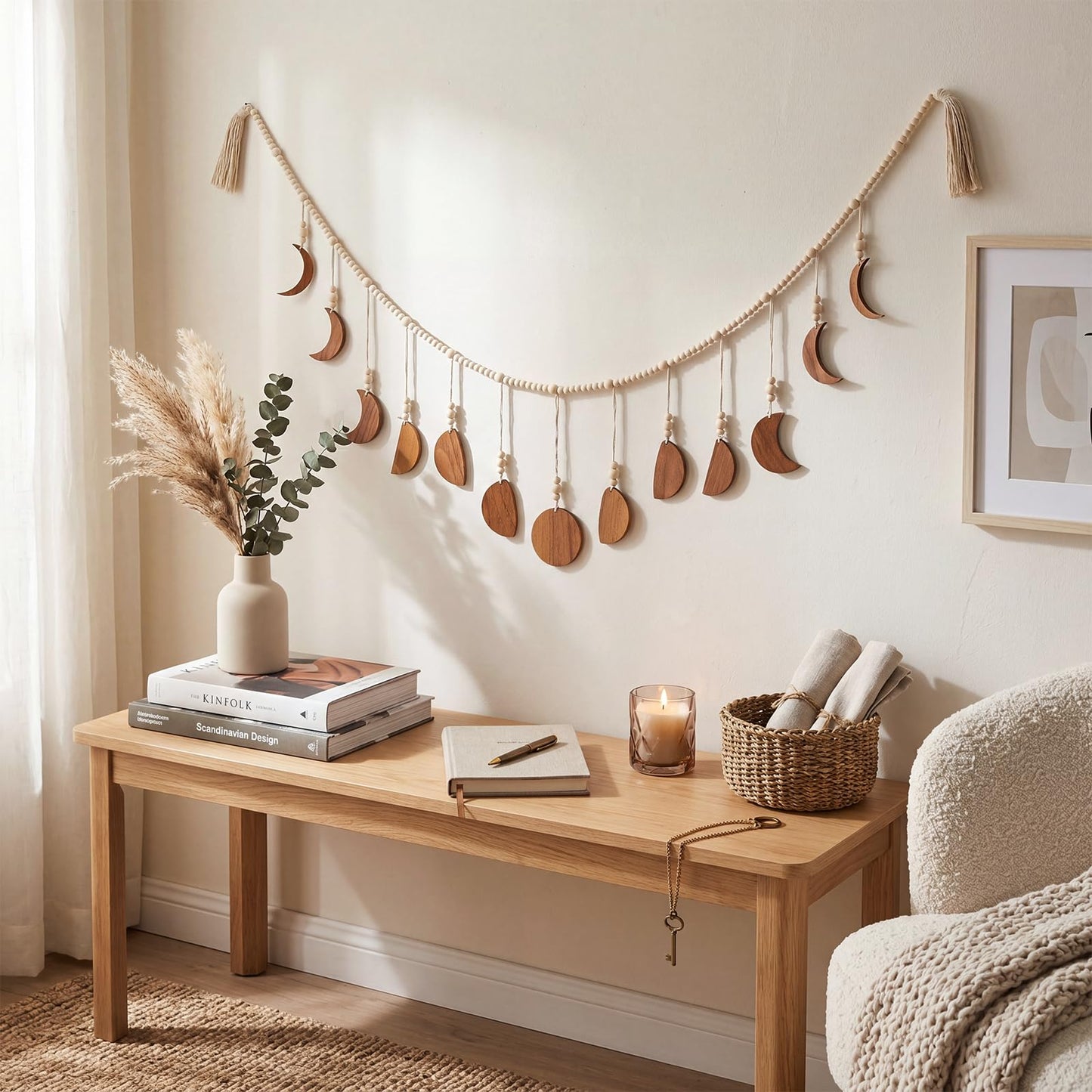 RattanView Moon Phase Wall Decoration Boho Wood Beaded Home Hanging Decorations with Tassel Phases the Celestial Moon Gold Wall Art for Bedroom Bohemian Astrology Witchy Dorm Living Room