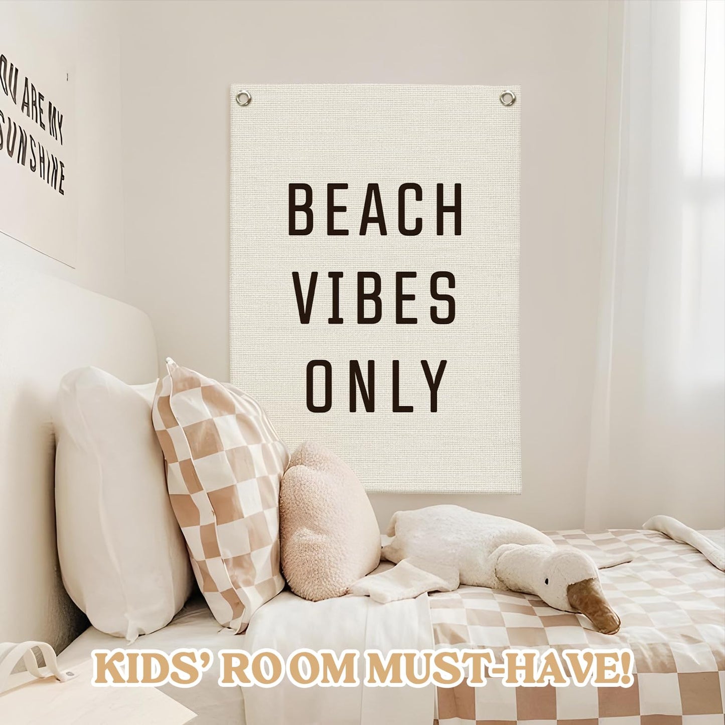 MOFUYU Beach Wall Decor Linen Canvas Banner，Beach Signs Wall Decor Hanging Flag Banner for Homes Playrooms Nursery，Summer Displays, Ocean Themed Bedroom Decor 18x25 Inch