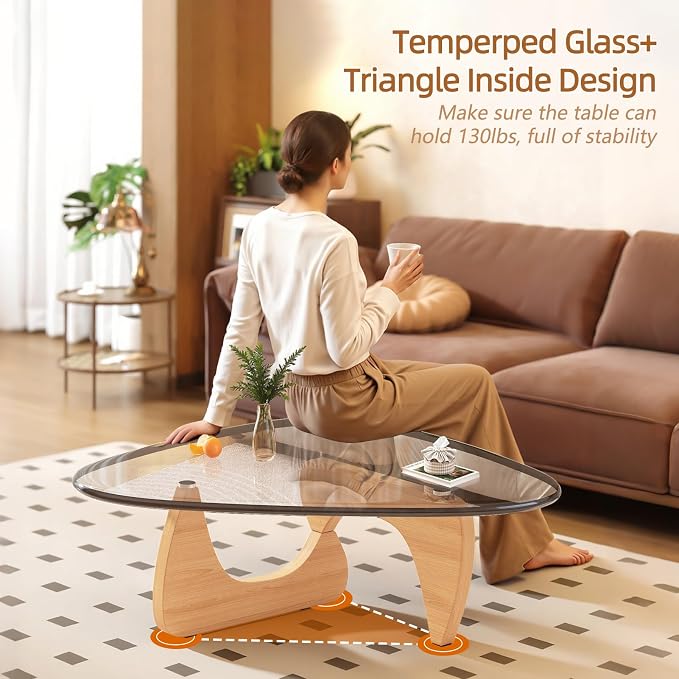 Coffee Table for Living Room Mid Century Modern Center Small Table with Glass Top and Wood, Original Transparent(45 Inch)