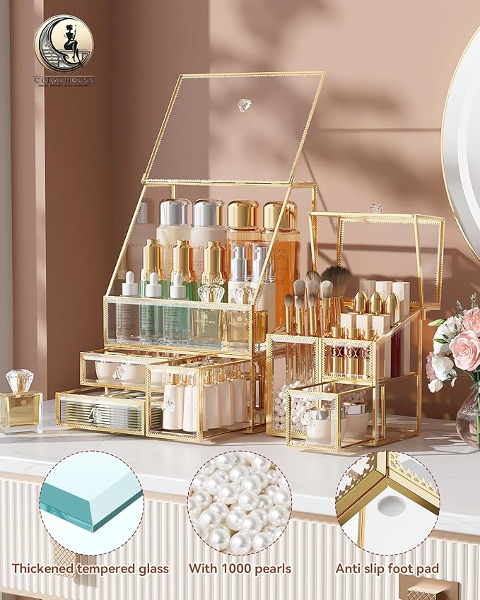 CoralHouse Makeup Organizer with Lid, 3-Piece Clear Glass Vanity Organizer with Gold Frame, Cosmetic Display Case for Perfume, Skincare, Lipsticks, Brushes and Bathroom Countertop