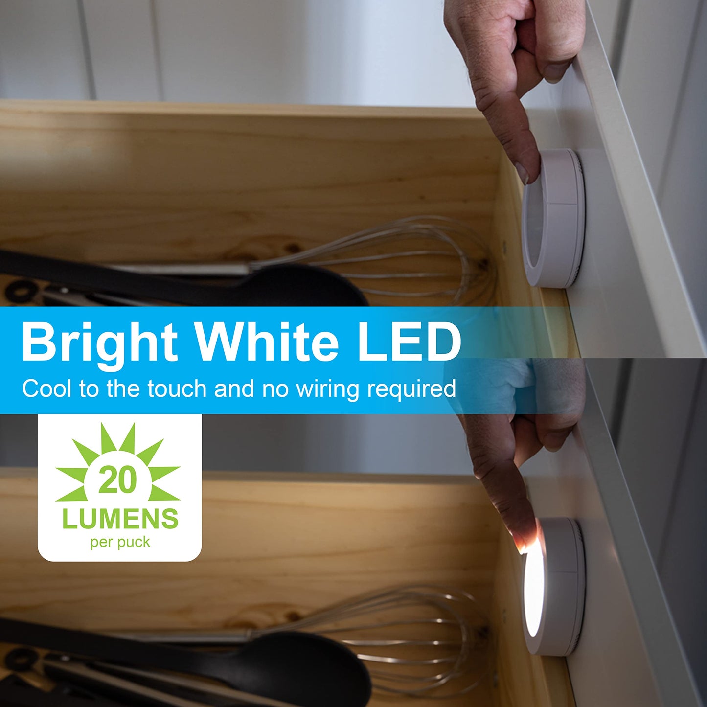 GE Wireless LED Tap-Lights, Battery Operated, 20 Lumens, Touch-Activated Puck Lights, Stick-On for Under Cabinet, Kitchen, Closet, or Garage, 2-Pack 25434
