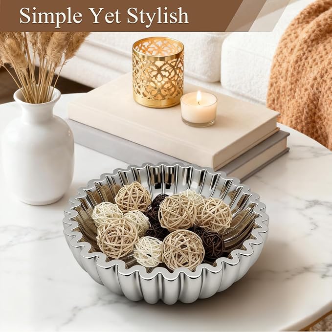 Large Modern Ruffle Bowls, Artificial Stone Decorative Catch All Bowl for Kitchen Counter and Entryway Table, Handcrafted Fruit Bowls and Key Bowl for Home Decor（Silver