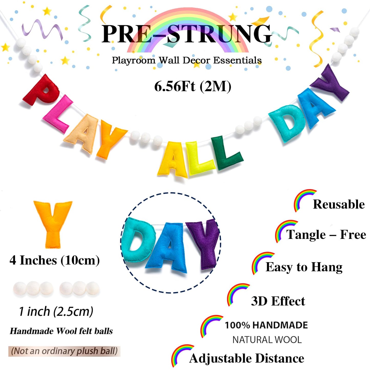 Pre-Strung Rainbow Play All Day Felt Banner Reusable Play Sign Play All Day Wall Hanging Felt Garland for Kids Nursery Playroom Wall Decor Boys Girls Playhouse Decor Toy Room Classroom Decoration